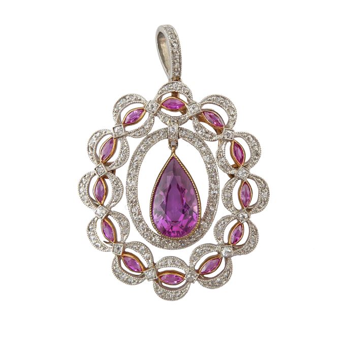 Early 20th century pink sapphire and diamond garland pendant, English c.1905, of oval outline hung to centre with a pear shaped pink sapphire of approximately 2.25ct, | MasterArt